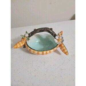 ART POTTERY BOWL w/ Handle & Applied Flowers Leaves Gold Blue 7" L Signed Italy